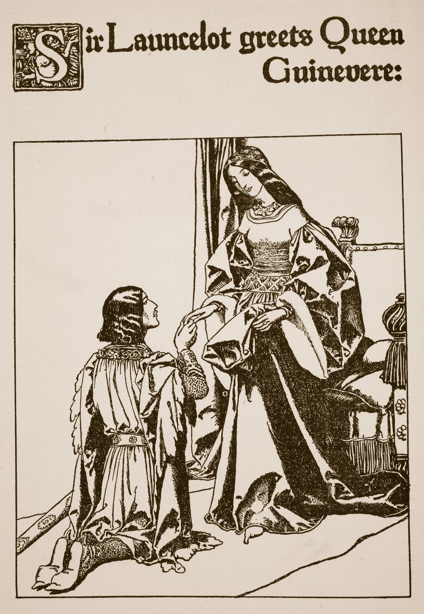 Sir Launcelot zdraví královnu Guineveru, ilustrace z „Příběhu šampionů kulatého stolu“ od Howard Pyle