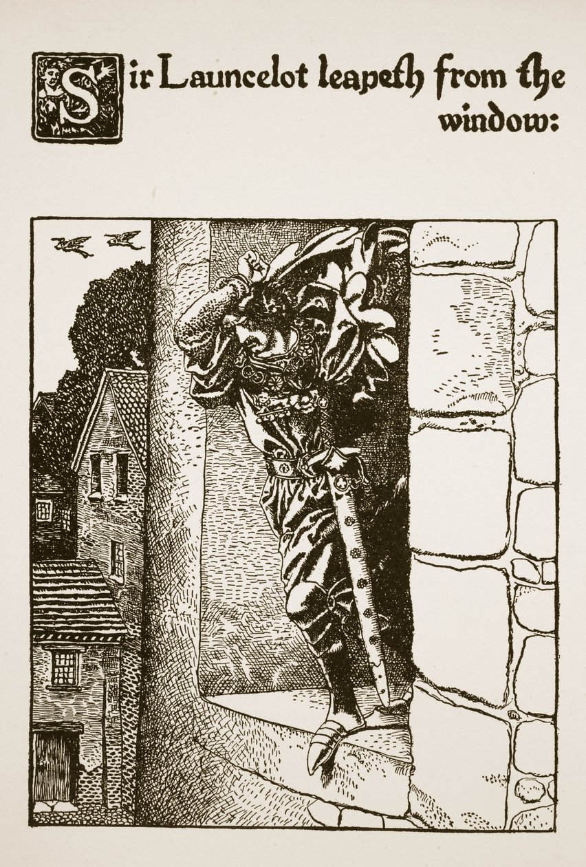 Sir Launcelot vyskočil z okna, ilustrace z „Příběhu sira Launcelota a jeho společníků“, 1907 od Howard Pyle