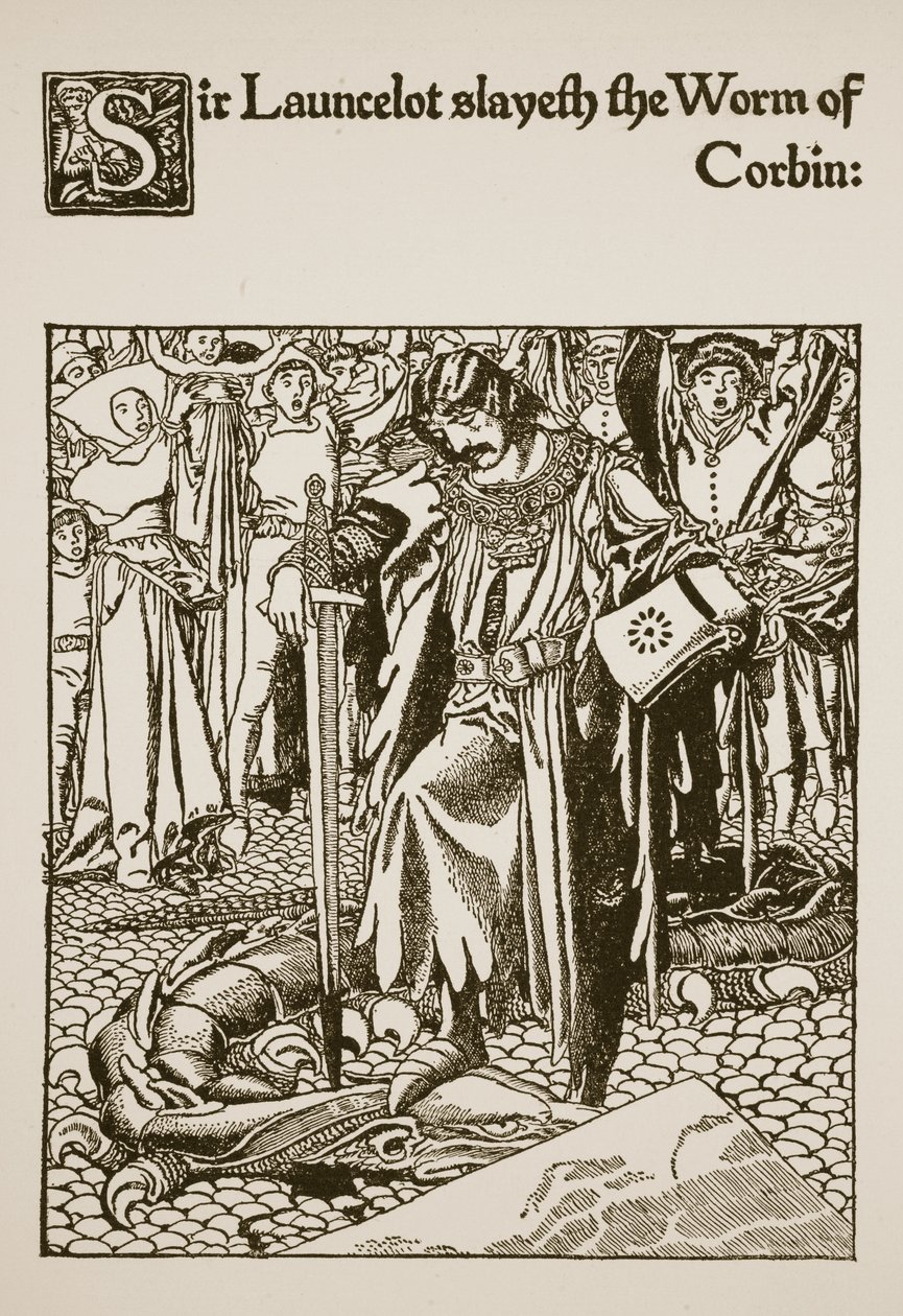 Sir Launcelot zabíjí červa Corbina, ilustrace z „Příběhu sira Launcelota a jeho společníků“, 1907 od Howard Pyle