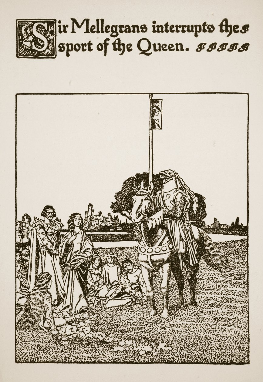 Sir Mellegrans přerušuje sport královny, ilustrace z „Příběhu sira Launcelota a jeho společníků“, 1907 od Howard Pyle