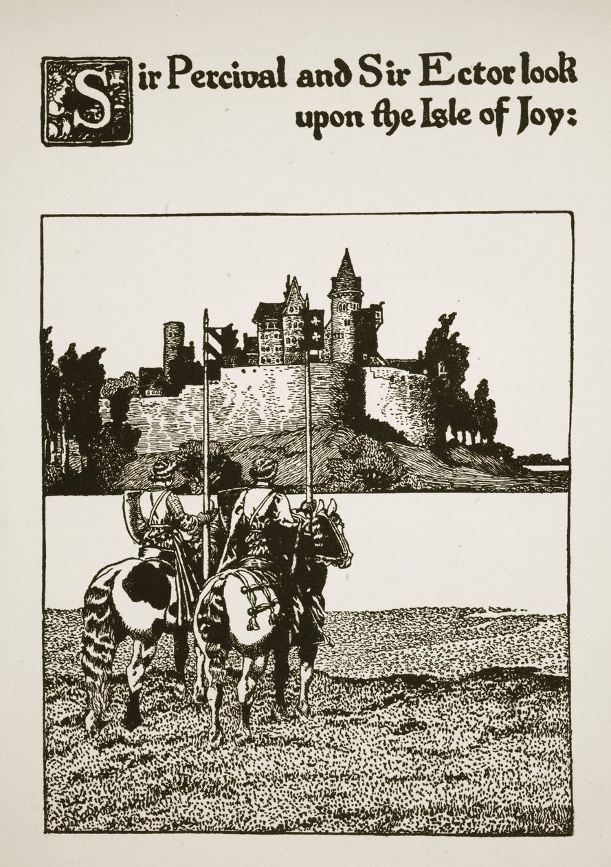 Sir Percival a sir Ector se dívají na Isle of Joy, ilustrace z „Příběhu sira Launcelota a jeho společníků“, 1907 od Howard Pyle