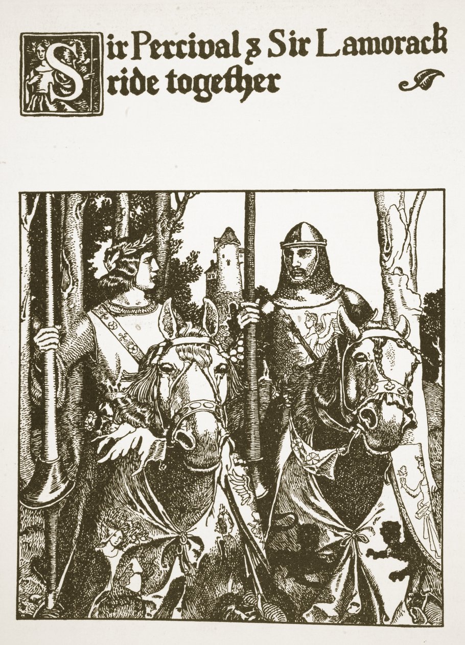 Sir Percival a Sir Lamorack jedou spolu, ilustrace z „Příběhu šampionů kulatého stolu“ od Howard Pyle
