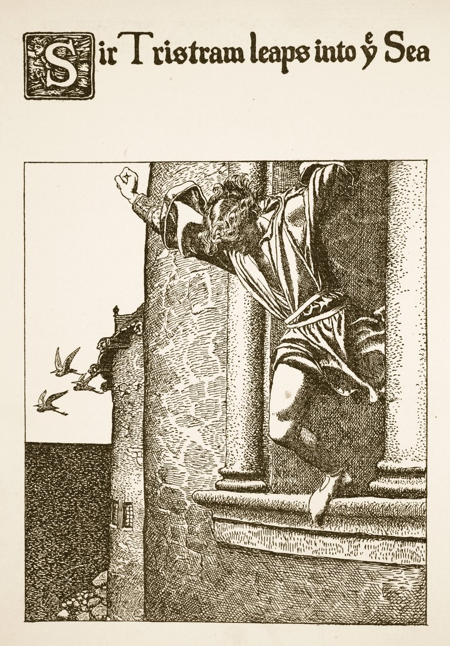 Sir Tristram skáče do moře, ilustrace z "Příběhu mistrů kulatého stolu od Howard Pyle