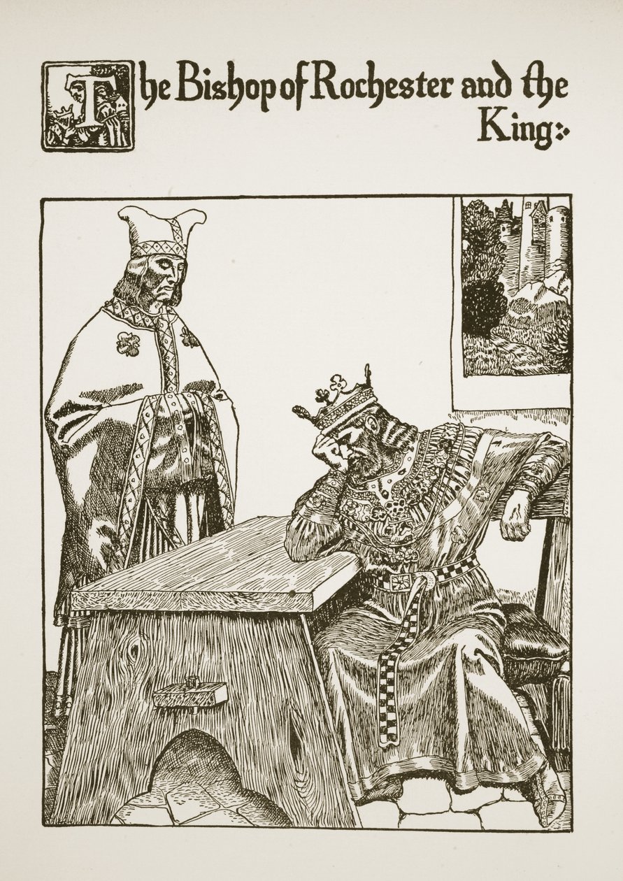Biskup z Rochesteru a král, ilustrace z „Příběhu grálu a smrti Artuše“, kolem roku 1910 od Howard Pyle
