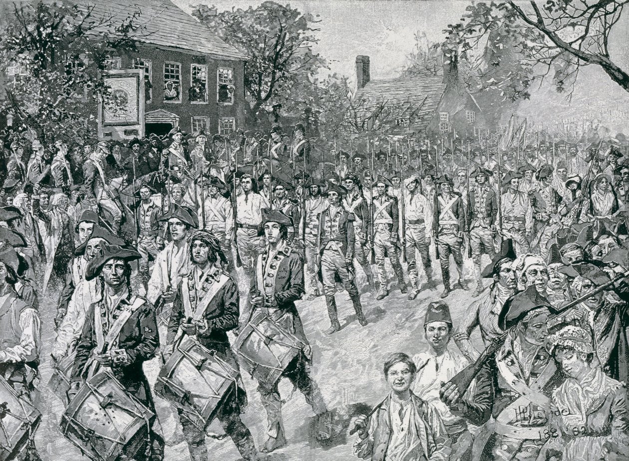 Kontinentální armáda pochoduje dolů po Old Bowery, New York, 25. listopadu 1783, ilustrace z 