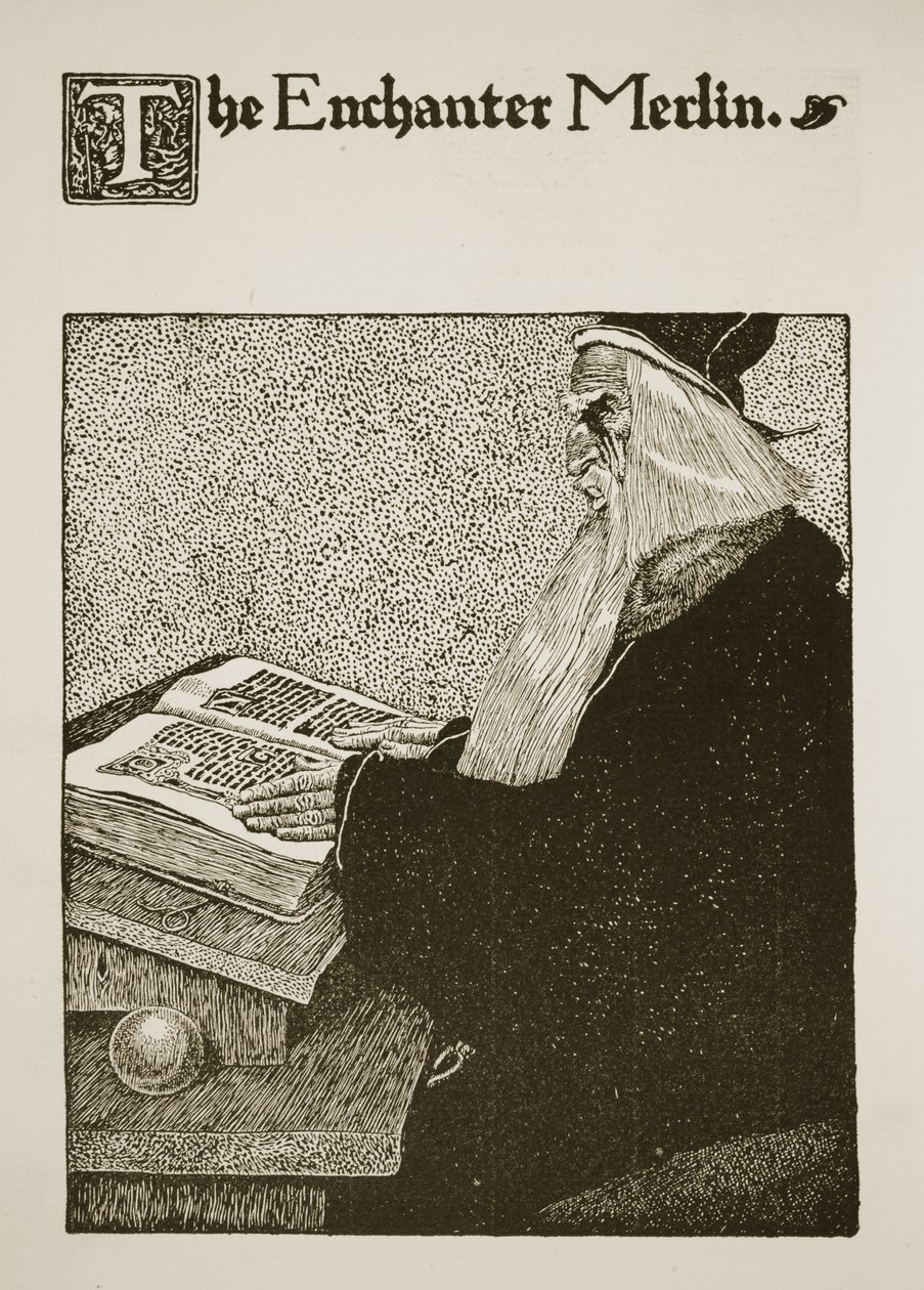 Zaklínač Merlin, ilustrace z knihy "Příběh krále Artuše a jeho rytířů", 1903 od Howard Pyle
