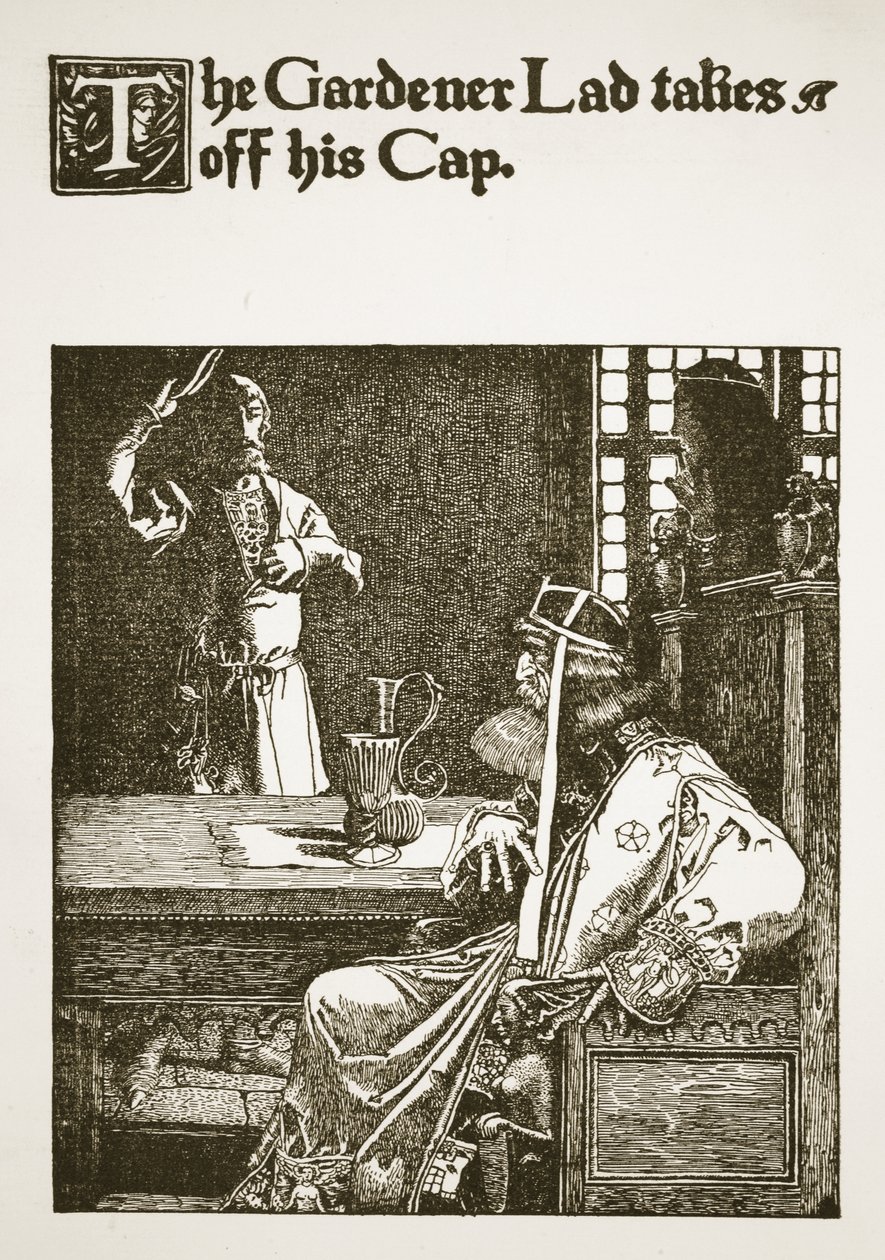 Zahradník si sundává čepici, ilustrace z knihy "Příběh krále Artuše a jeho rytířů", 1903 od Howard Pyle