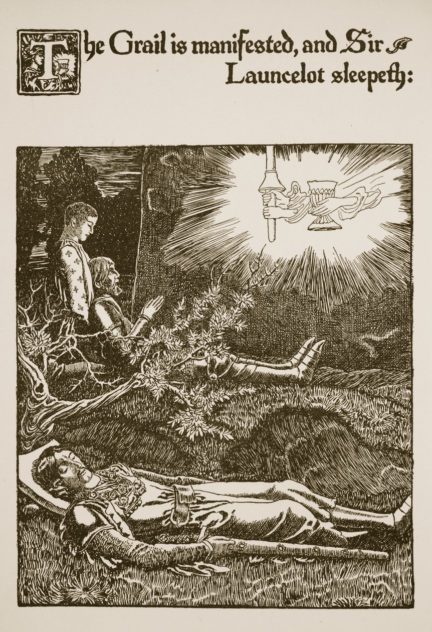 Grál se zjevuje a sir Launcelot spí, ilustrace z "Příběhu o Grálu a Artušově odchodu", cca 1910. od Howard Pyle