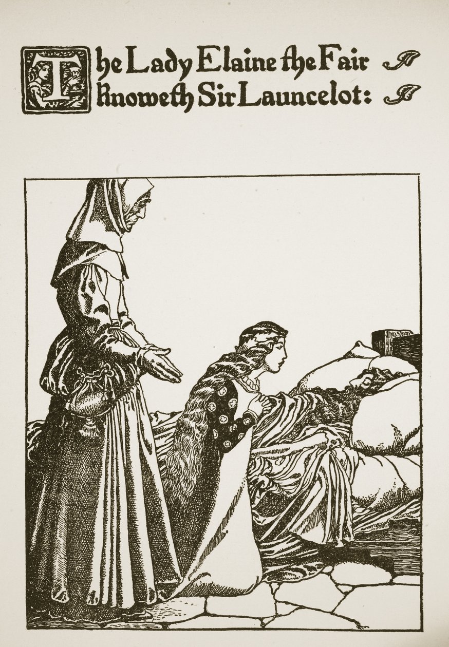 Paní Elaine the Fair zná sira Launcelota, ilustrace z knihy "Příběh sira Launcelota a jeho společníků", 1907. od Howard Pyle