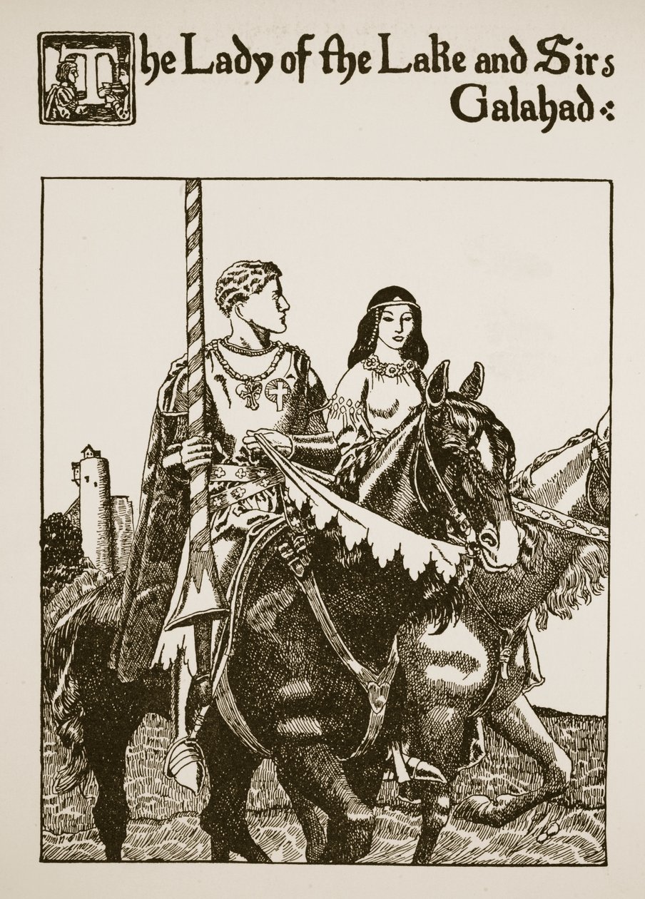 Paní jezera a sir Galahad, ilustrace z „Příběhu grálu a smrti Artuše“, kolem roku 1910 od Howard Pyle
