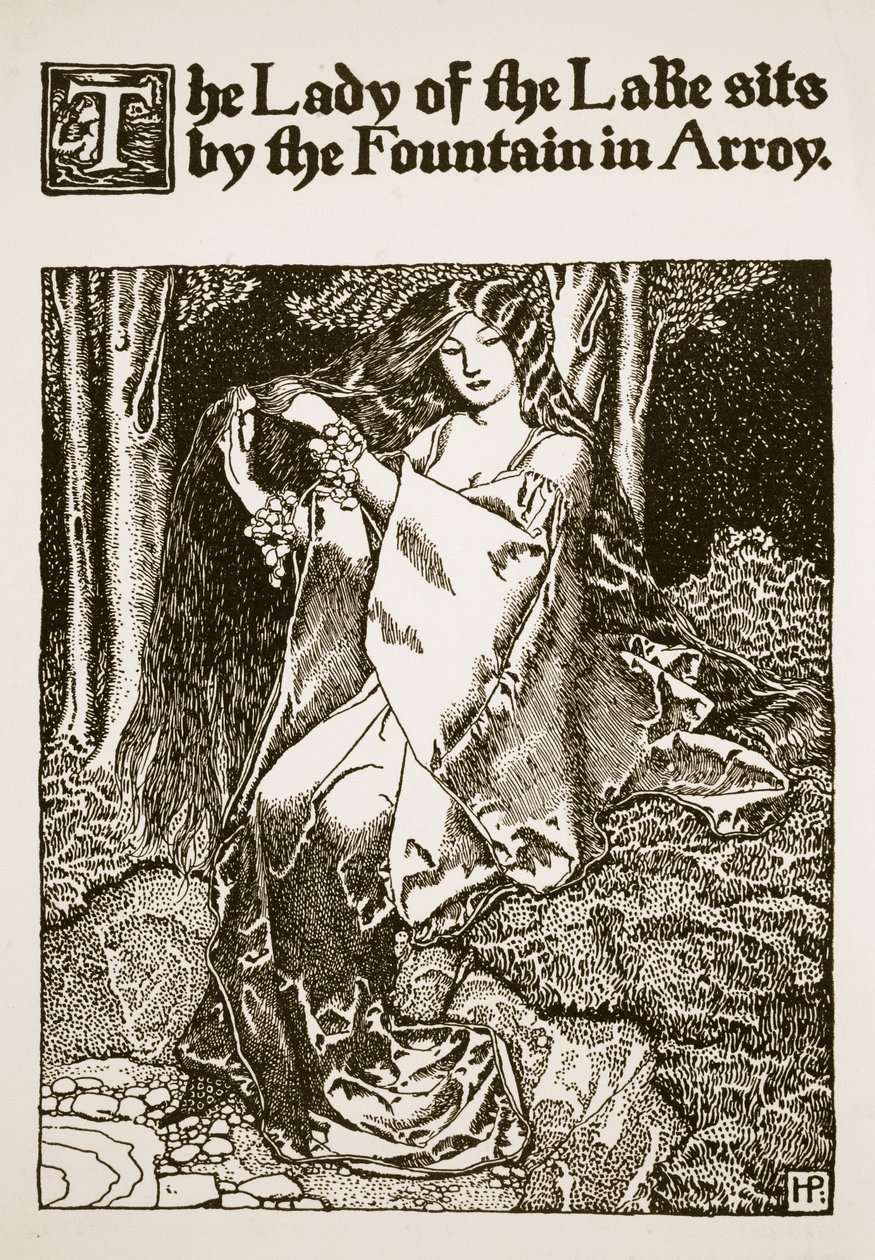 Paní jezera sedí u fontány v Arroy, ilustrace z „Příběhu krále Artuše a jeho rytířů“, 1903 od Howard Pyle