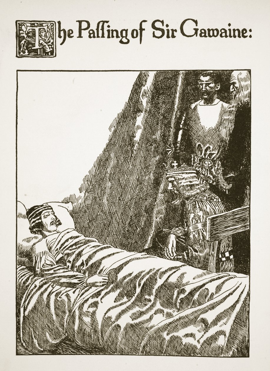 The Passing of Sir Gawaine, ilustrace z „Příběhu grálu a smrti Artuše“, kolem roku 1910 od Howard Pyle