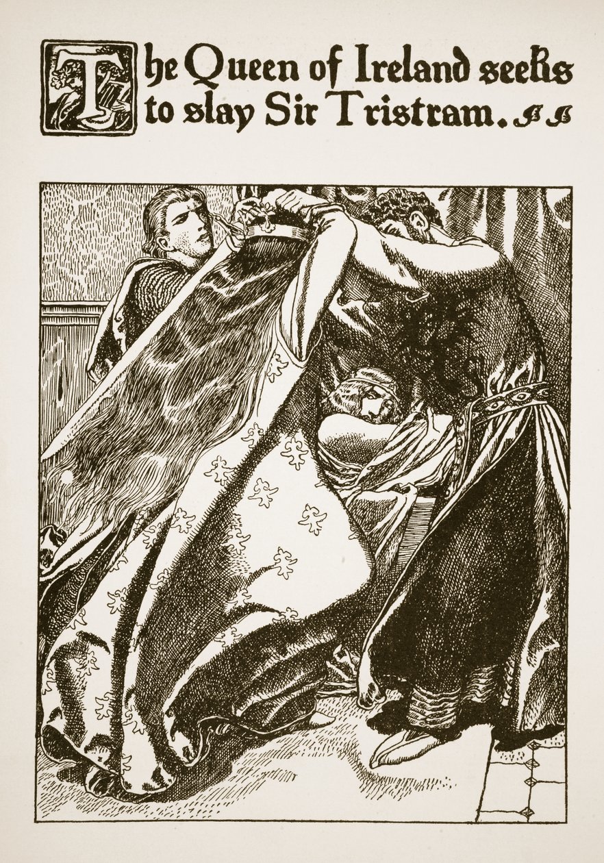 Irská královna se snaží zabít sira Tristrama, ilustrace z „Příběhu šampionů kulatého stolu“ od Howard Pyle