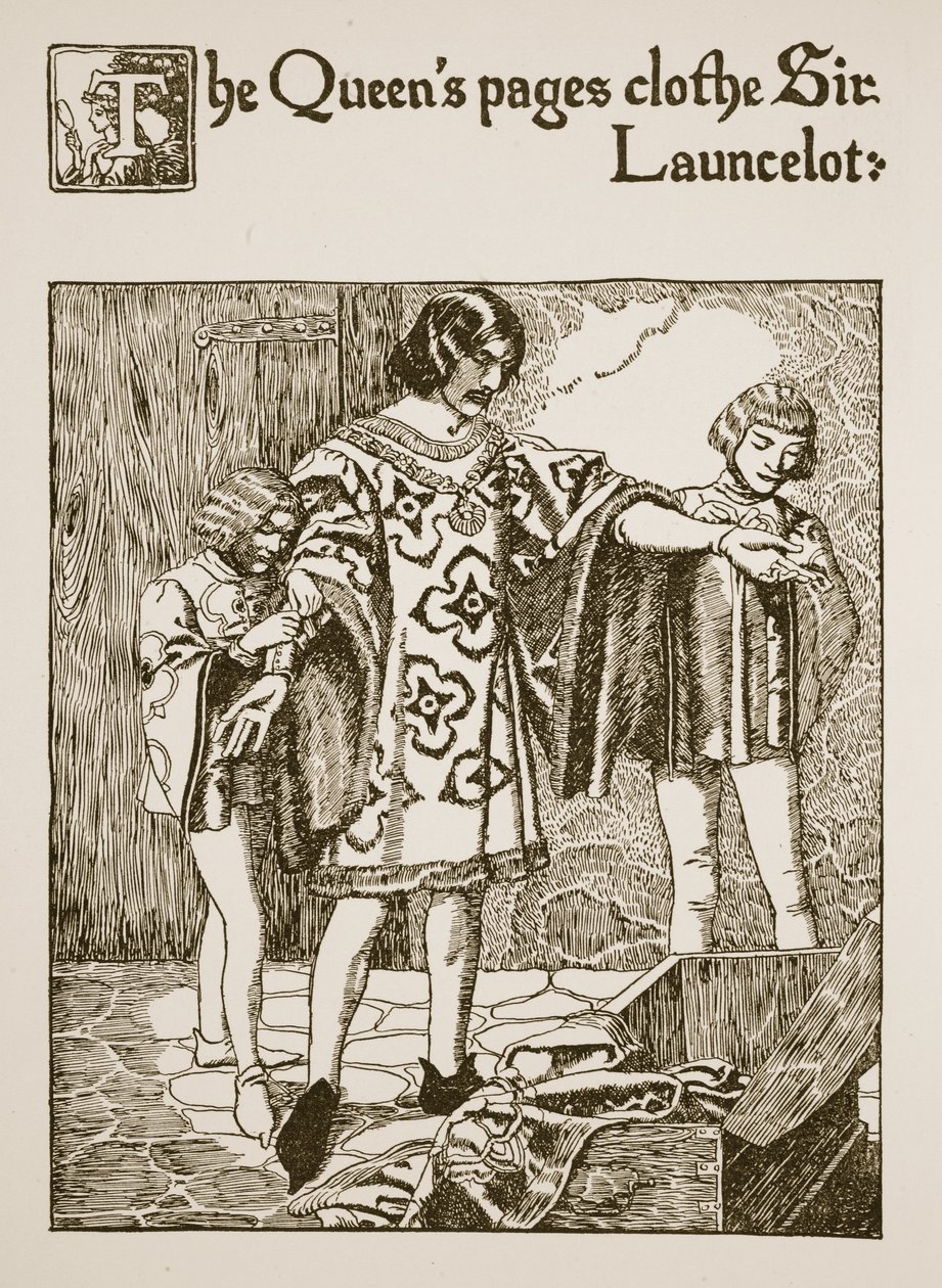 Královniny stránky oblékají sira Launcelota, ilustrace z „Příběhu grálu a Artušova odchodu“, kolem roku 1910 od Howard Pyle