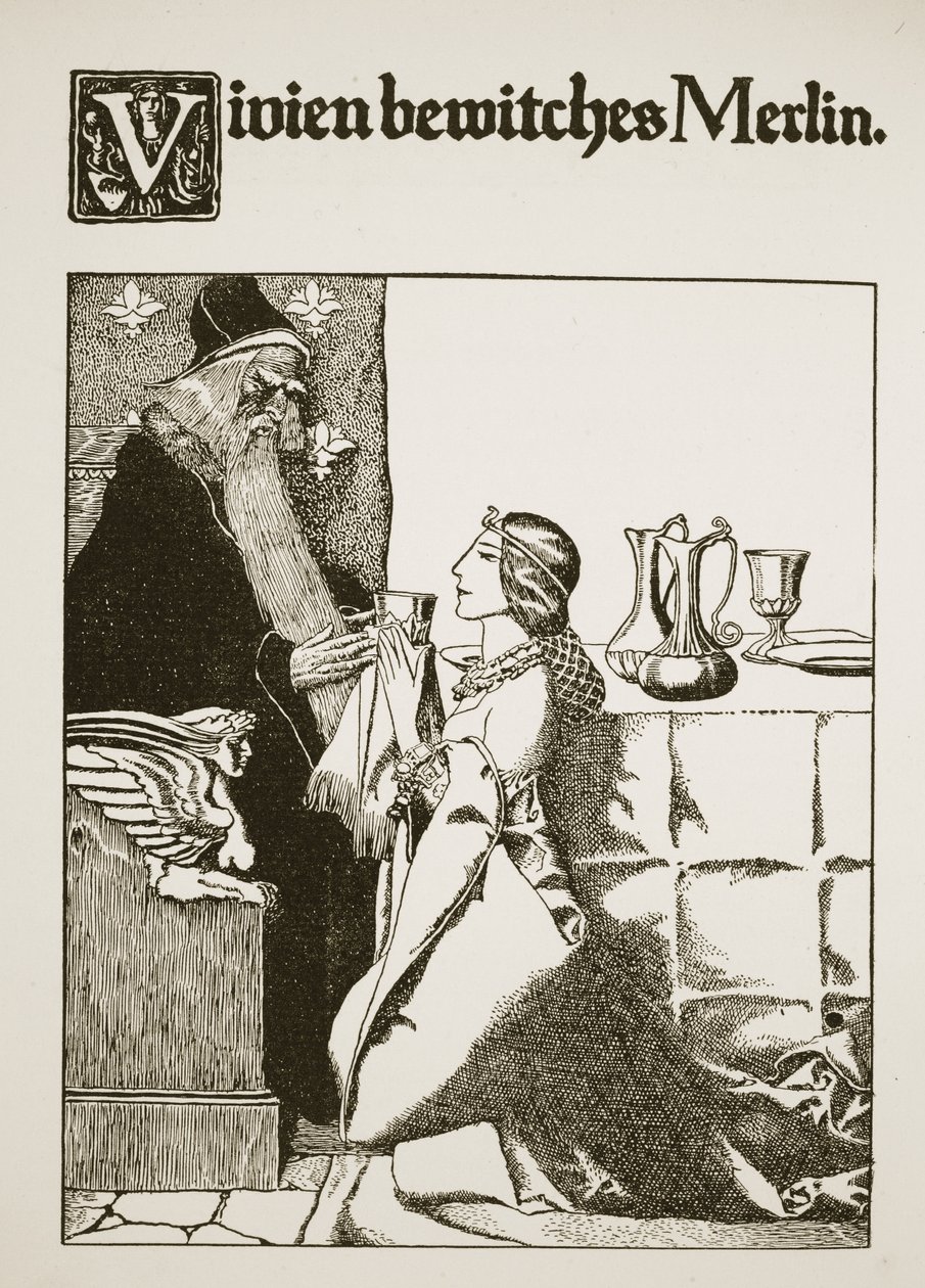 Vivien očaruje Merlina, ilustrace z „Příběhu krále Artuše a jeho rytířů“, 1903 od Howard Pyle