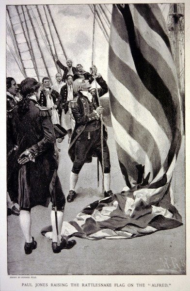 John Paul Jones vztyčuje americkou vlajku chřestýše na lodi Alfred (litho) od Howard (after) Pyle
