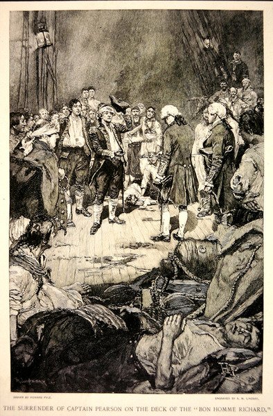 Vzdání se kapitána Pearsona Johnu Paulu Jonesovi na palubě Bonhomme Richard v roce 1779 (litho) od Howard (after) Pyle
