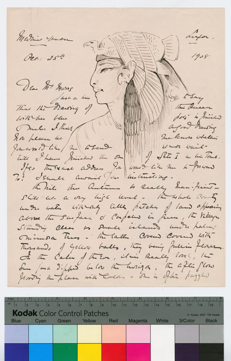 Strana 1 dopisu Howarda Cartera Kingsmill Marrs, 25. října 1908 (pero a inkoust na papíře) od Howard Carter