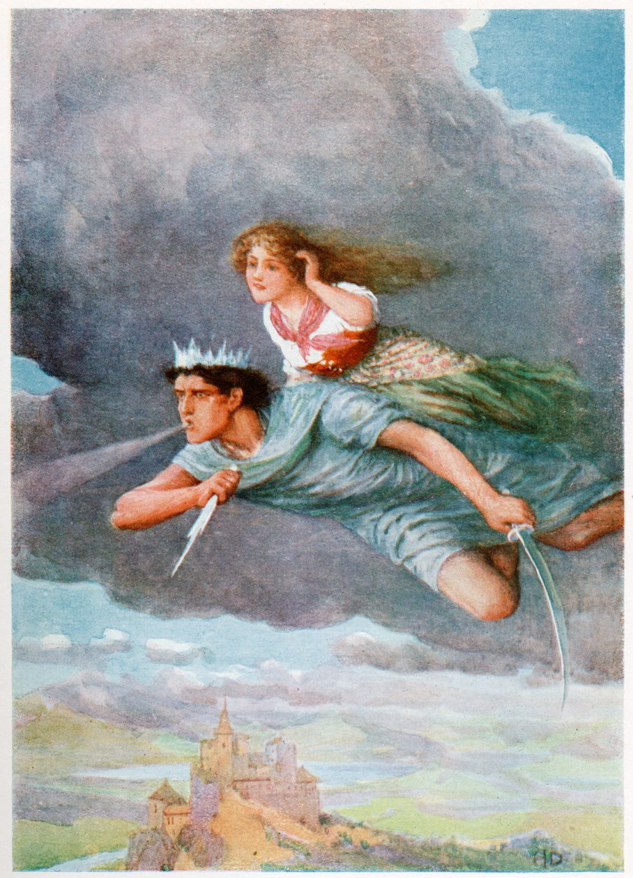 „Tisíc mil za hodinu“ z italských pohádek od Lilie E. Romano, vydané nakladatelstvím Raphael Tuck & Sons (barevné lito) od Howard Davie
