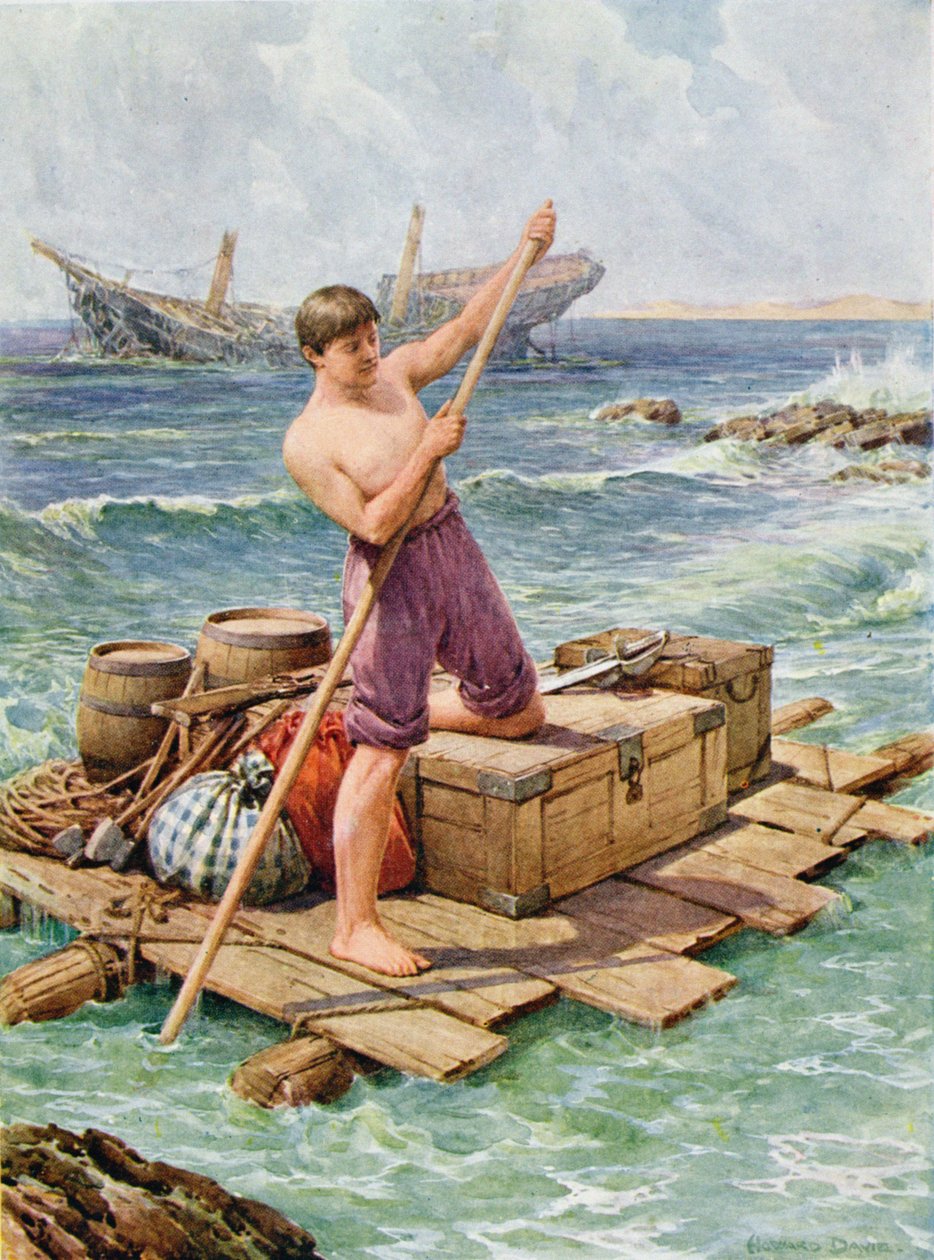 Bringing the Raft from the Wreck, ilustrace k ‚Robinson Crusoe‘ od Daniela Defoe (1660-1731) (barevné lito) od Howard Davie