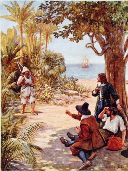 Crusoe se objevuje před kapitánem lodi, ilustrace k ‚Robinson Crusoe‘ od Daniela Defoe (1660-1731) (barevné lito) od Howard Davie