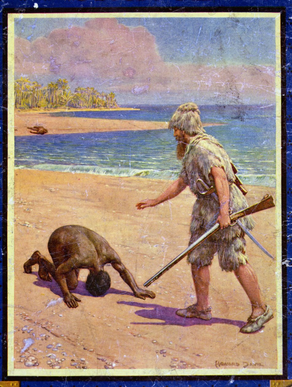 Crusoe and Man Friday, ilustrace k ‚Robinson Crusoe‘ od Daniela Defoe (1660-1731) (barevné lito) od Howard Davie