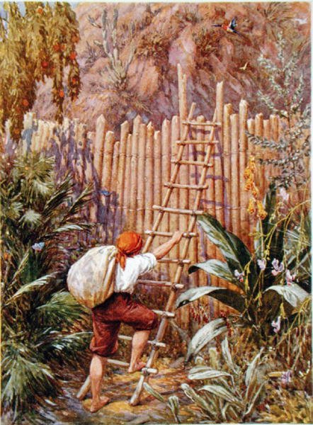 Crusoe a jeho pevnost, ilustrace k ‚Robinson Crusoe‘ od Daniela Defoe (1660-1731) (barevné lito) od Howard Davie