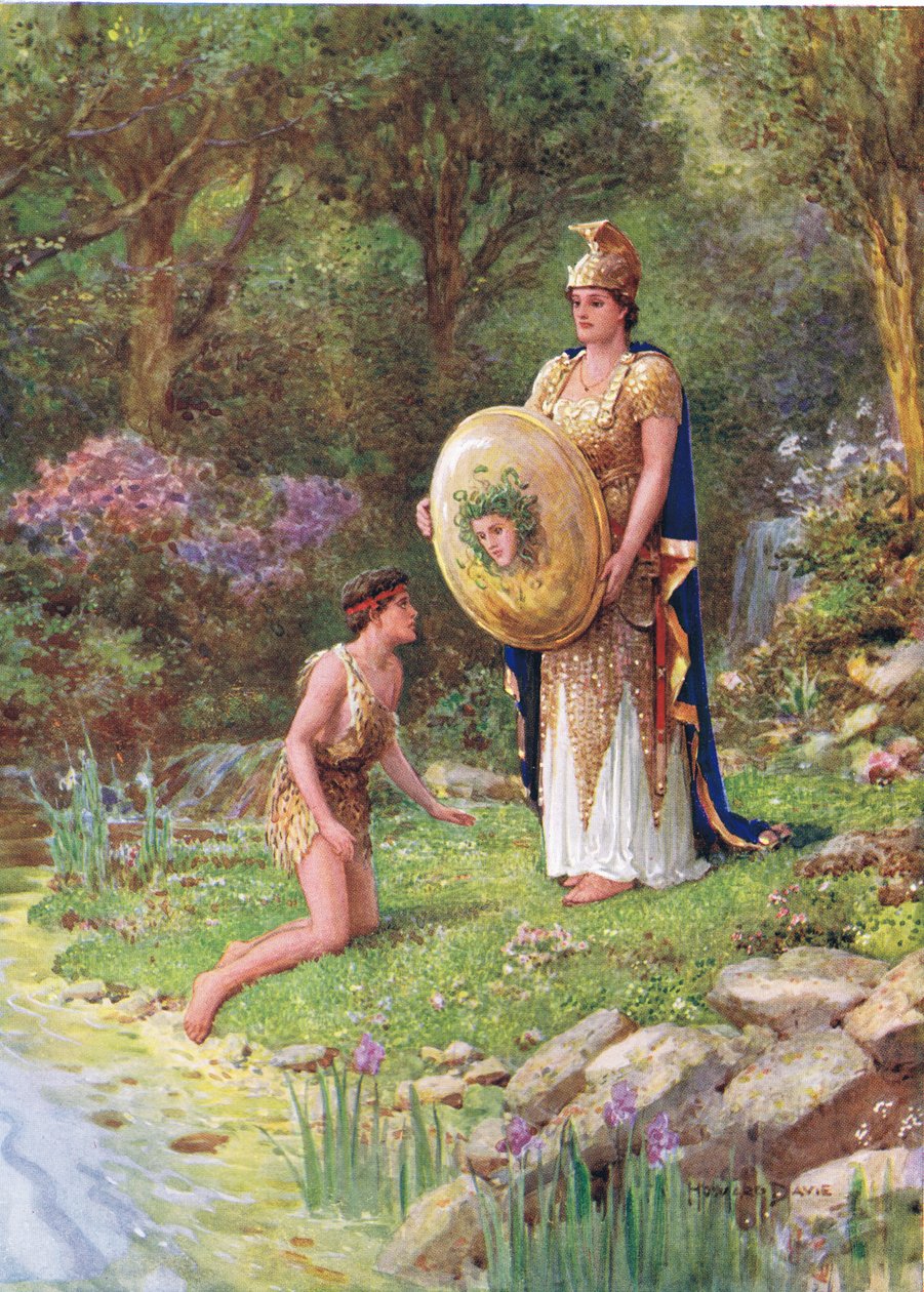 „Odvážíš se čelit takovému monstru, jako je tohle?“, ilustrace k „Jak Perseus slíbil ukvapený slib“ z Hrdinů řeckých pohádek od Charlese Kingsleyho (1819-75) (barevné lito) od Howard Davie