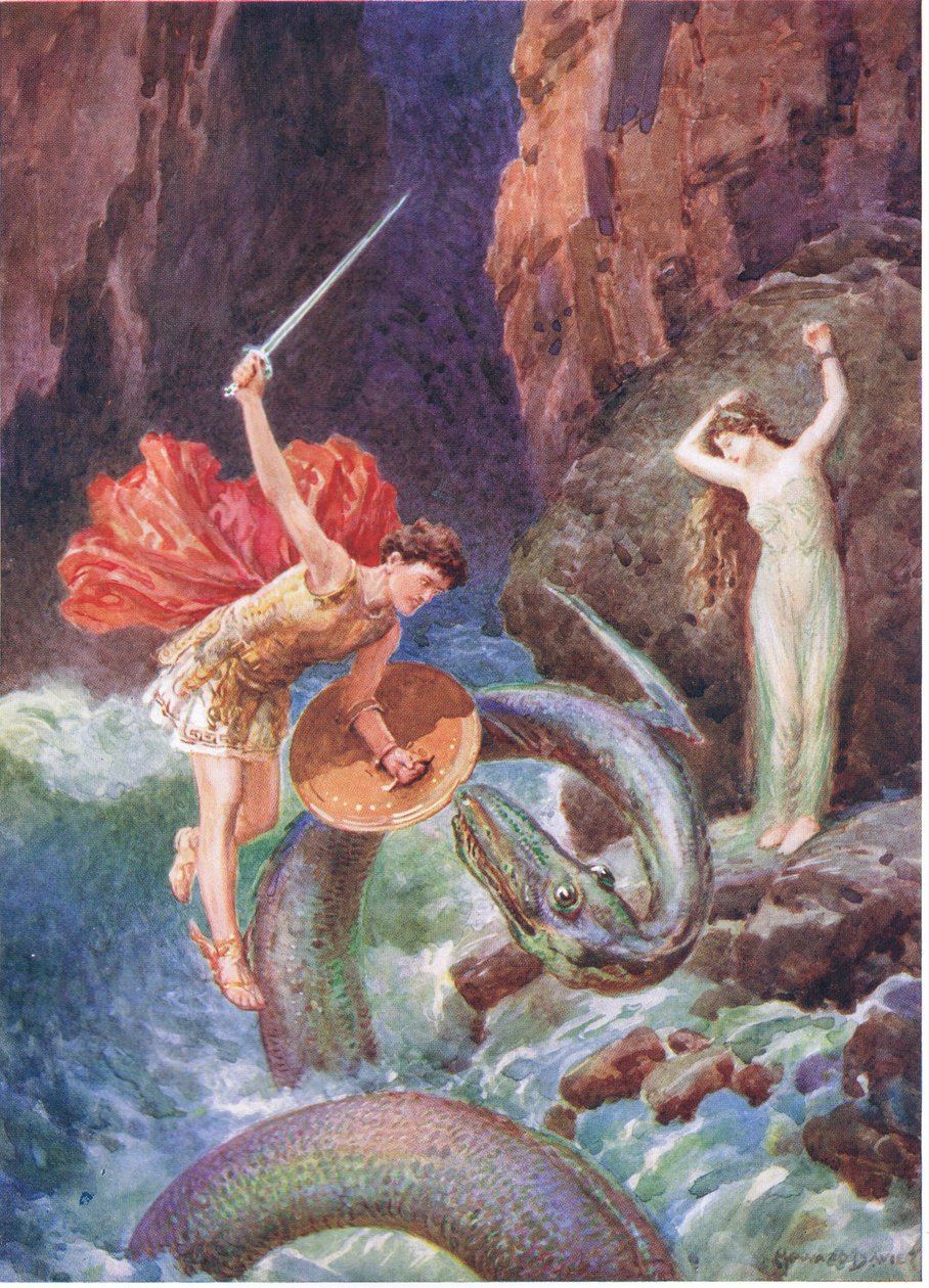 „Z výšin vzduchu spadl Perseus“, ilustrace „Jak Perseus přišel do Etiopie“ z Hrdinů řeckých pohádek od Charlese Kingsleyho (1819-75) (barva litho) od Howard Davie