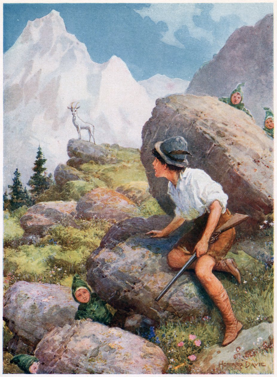 „Spatřil Slataroga stojícího na vrcholu“ z Italských pohádek od Lilie E. Romano, vydané nakladatelstvím Raphael Tuck & Sons (barevné lito) od Howard Davie