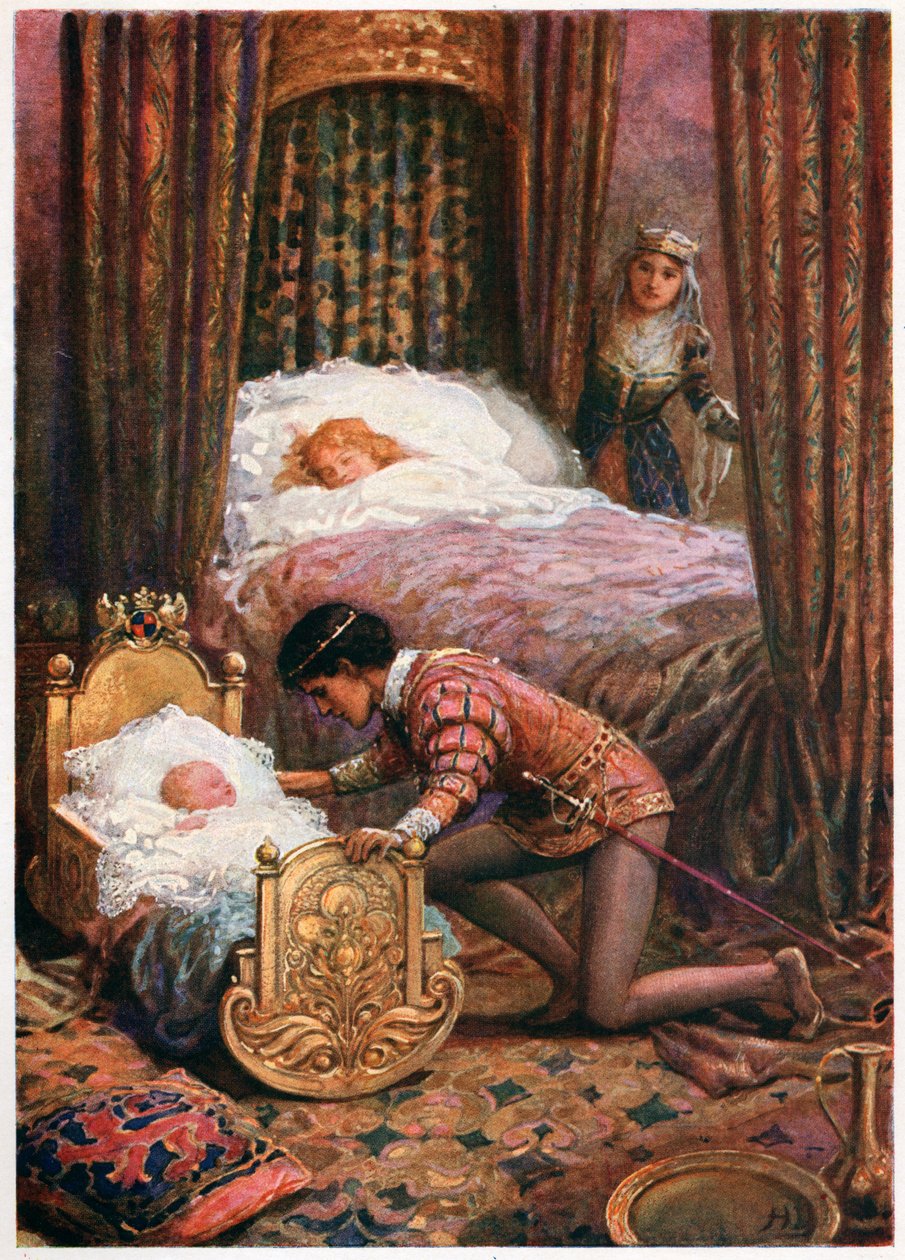 „Sklonil se, aby políbil malé miminko“ z italských pohádek od Lilie E. Romano, vydané nakladatelstvím Raphael Tuck & Sons (barevné lito) od Howard Davie
