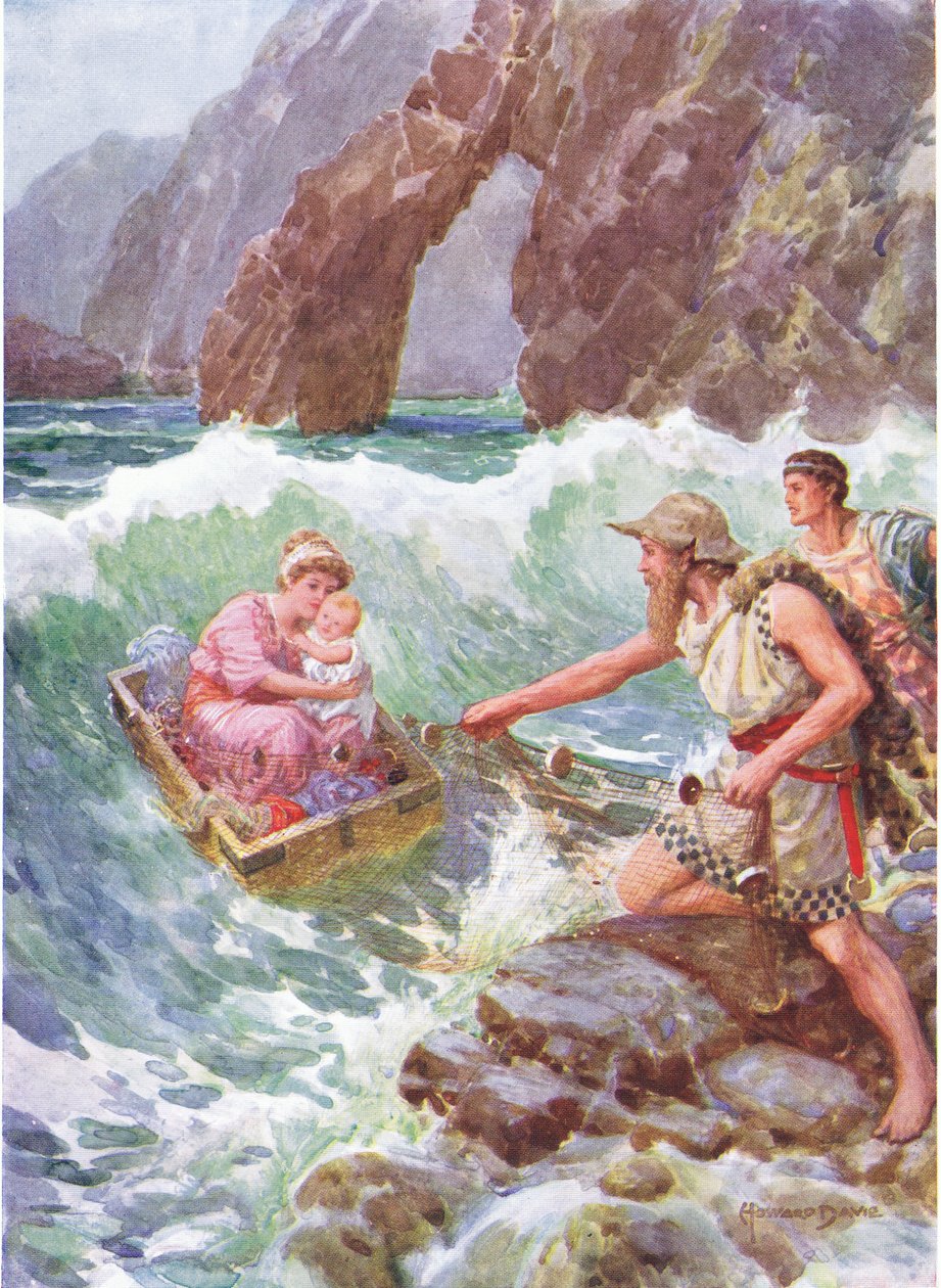 „Nakreslil ji a dítě v bezpečí na skalní římsu“, ilustrace k „Jak Perseus a jeho matka přišli na Seriphos“ z Hrdinů řeckých pohádek od Charlese Kingsleyho (1819-75) (barevné lito) od Howard Davie