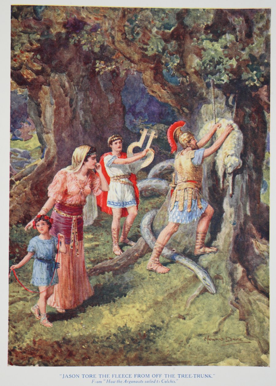 „Jason strhl rouno z kmene stromu“ (barva litho) od Howard Davie