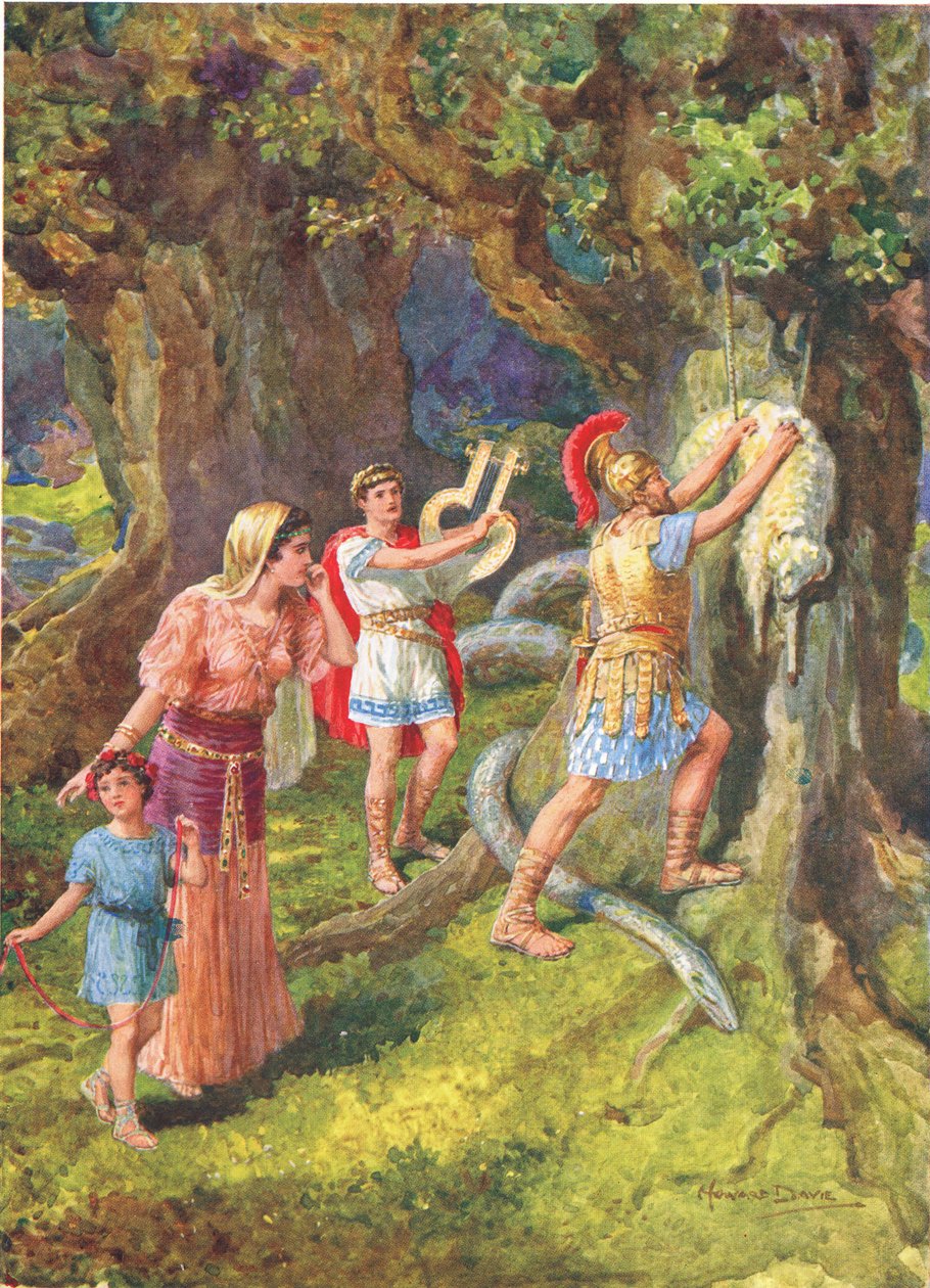 „Jason strhl rouno z kmene stromu“, ilustrace „Jak se Argonauti plavili do Kolchidy“ z Hrdinů řeckých pohádek od Charlese Kingsleyho (1819-75) (barevné lito) od Howard Davie