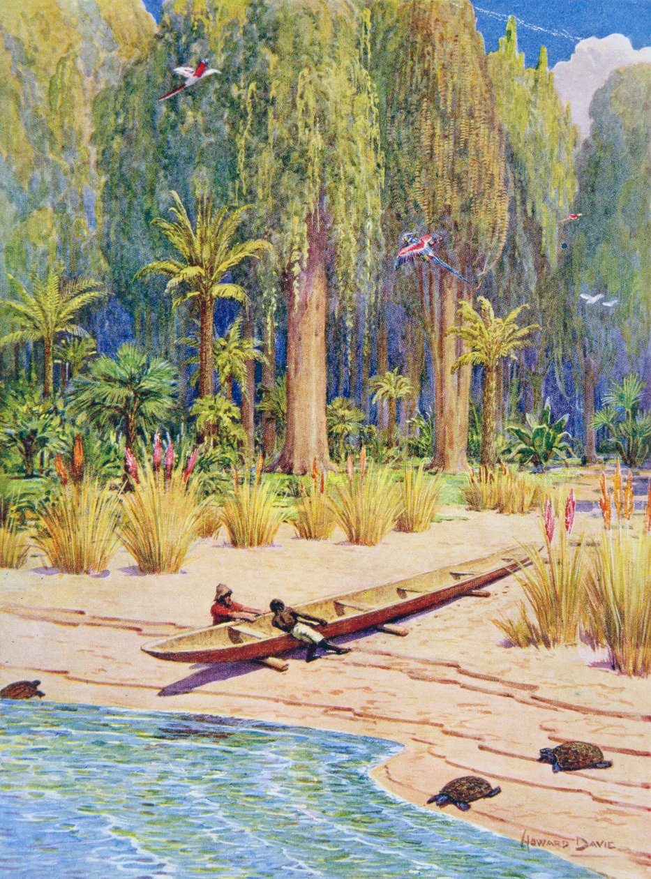 Spuštění kánoe, ilustrace k ‚Robinson Crusoe‘ od Daniela Defoe (1660-1731) (barevné lito) od Howard Davie
