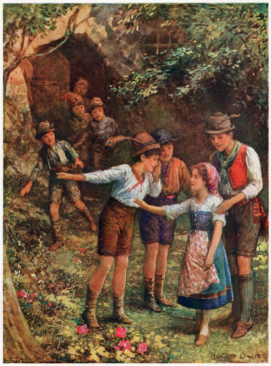 „Mortella a jejích sedm bratrů“ z italských pohádek od Lilie E. Romano, vydané nakladatelstvím Raphael Tuck & Sons (barevné lito) od Howard Davie