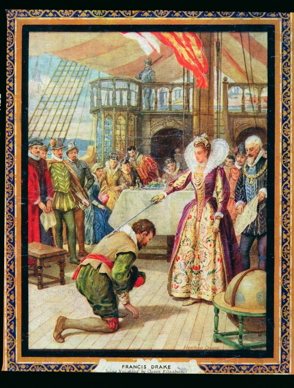 Královna Alžběta I. (1530-1603) rytíři Francis Drake (1540-96), ilustrace z 