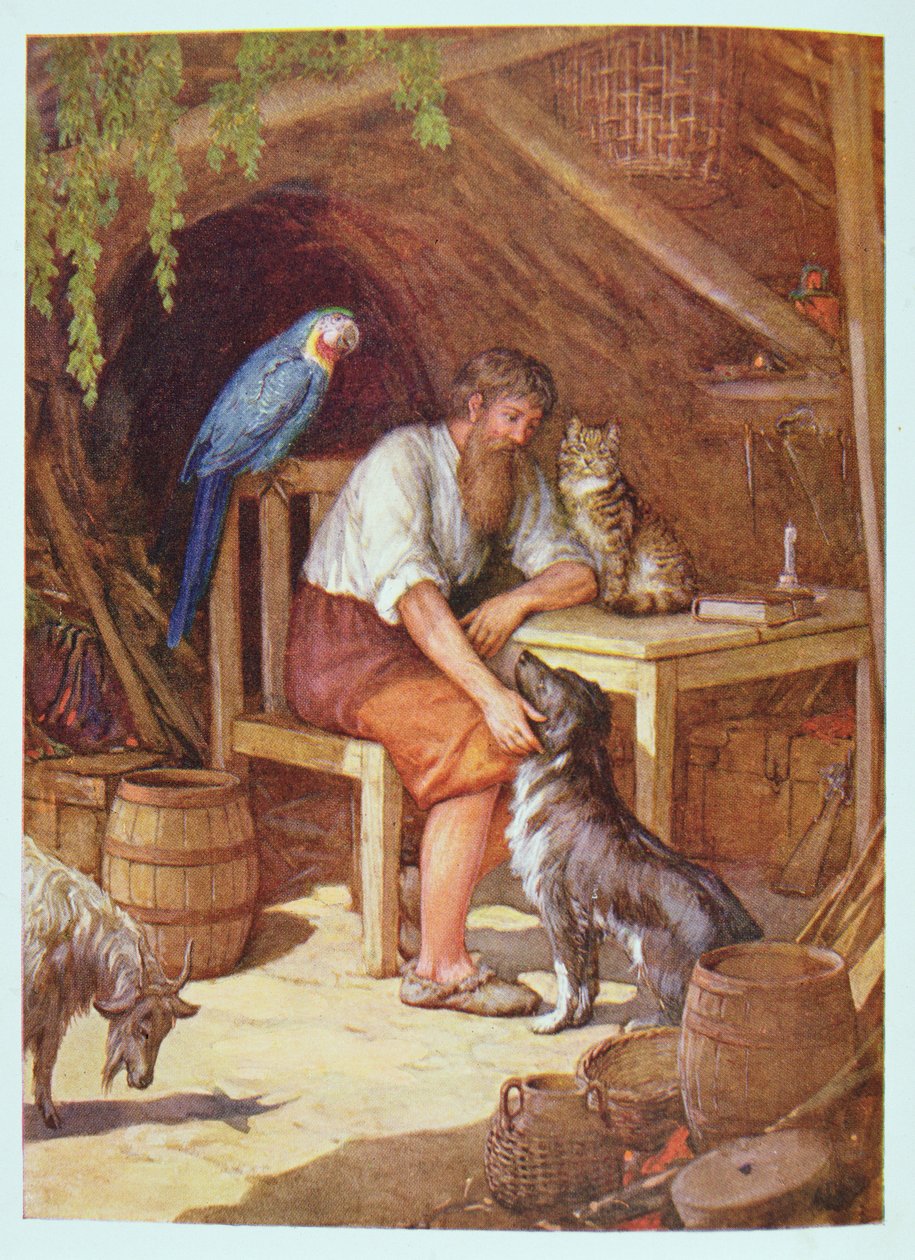 Robinson Crusoe ve své chýši, ilustrace z „Robinson Crusoe“ od Daniela Defoe (1660-1731) (barevné lito) od Howard Davie