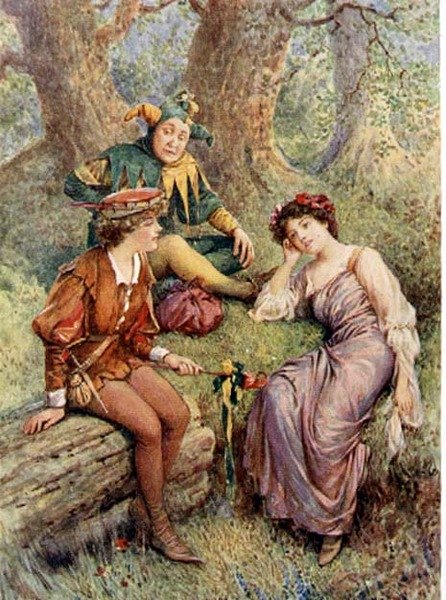 Rosalind, Celia a Touchstone v "Jak se vám líbí" z 