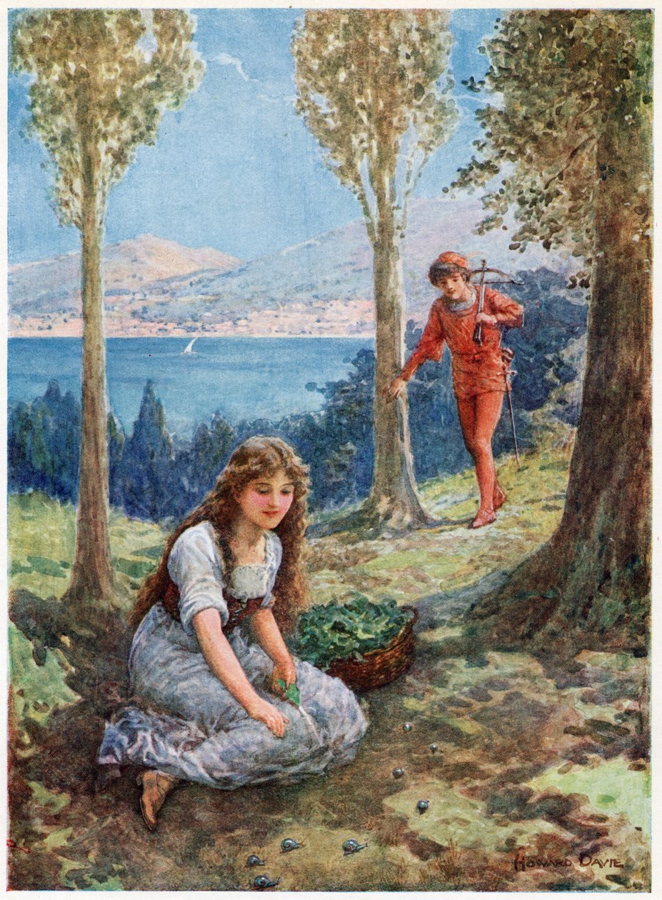 „Najednou se zastavil a uchváceně se díval“ z Italských pohádek od Lilie E. Romano, vydané nakladatelstvím Raphael Tuck & Sons (barevné lito) od Howard Davie