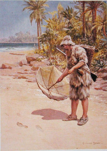 Stopy v písku, ilustrace k ‚Robinson Crusoe‘ od Daniela Defoea (1660-1731) (barevné lito) od Howard Davie