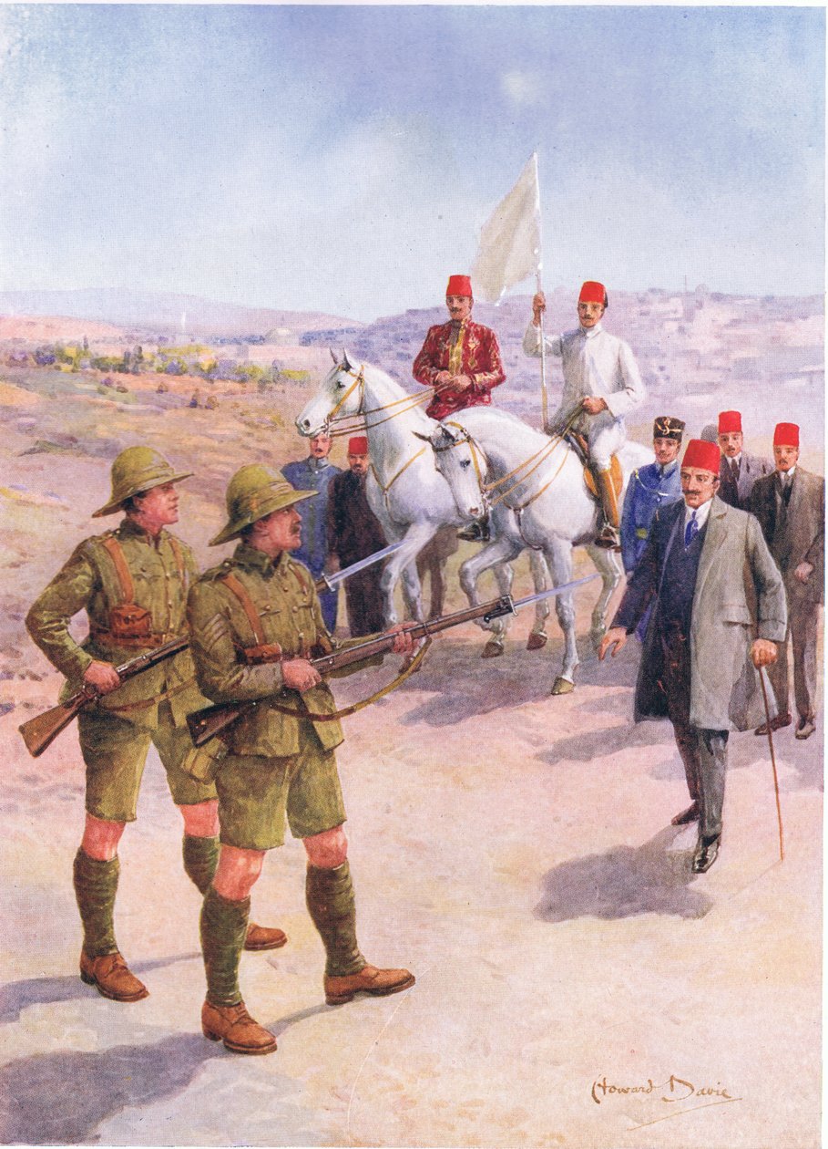 „Vzdání Jeruzaléma seržantovi Hurcombovi z londýnského pluku“, ilustrace z „Odvážné činy statečných mužů“, od C. Sheridana Jonese, hospoda. 1922 (litho) od Howard Davie