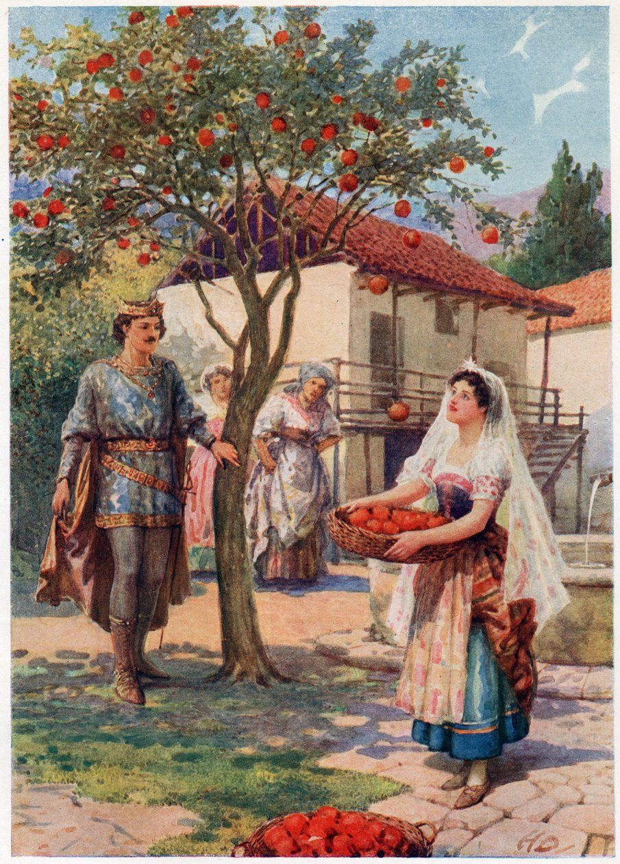 „Ovoce samo spadlo do koše.“ z Italských pohádek od Lilie E. Romano, vydané nakladatelstvím Raphael Tuck & Sons (barevné lito) od Howard Davie
