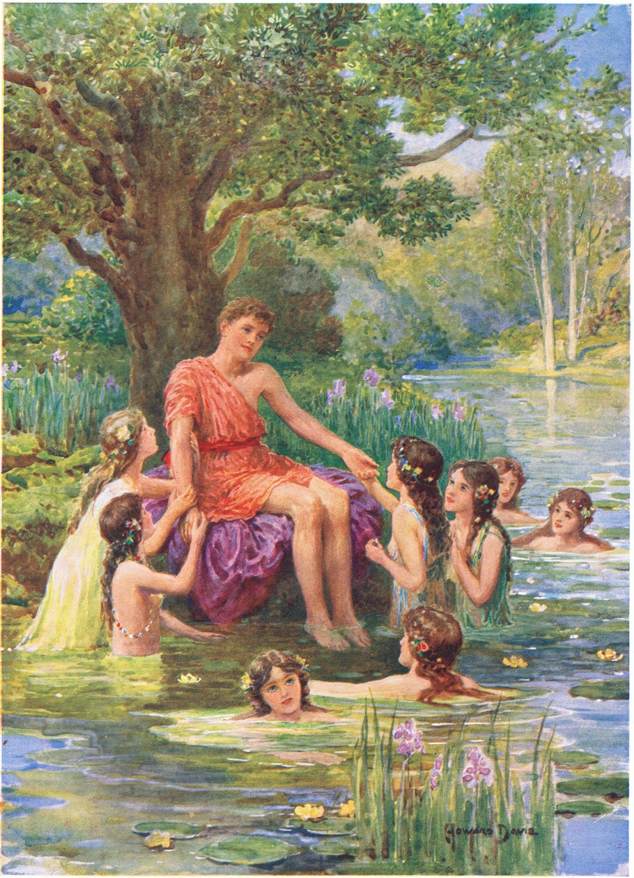 „Vodní nymfy se na něj přišly podívat a milovaly ho“, ilustrace „Jak se Argonauti plavili do Kolchidy“ z Hrdinů řeckých pohádek od Charlese Kingsleyho (1819-75) (barevné litho) od Howard Davie