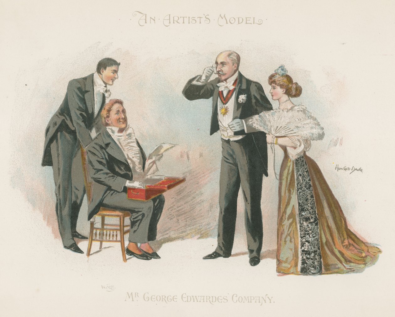 Tři dobře oblečení muži a dobře oblečená žena (barevná litografie) od Howard Davie