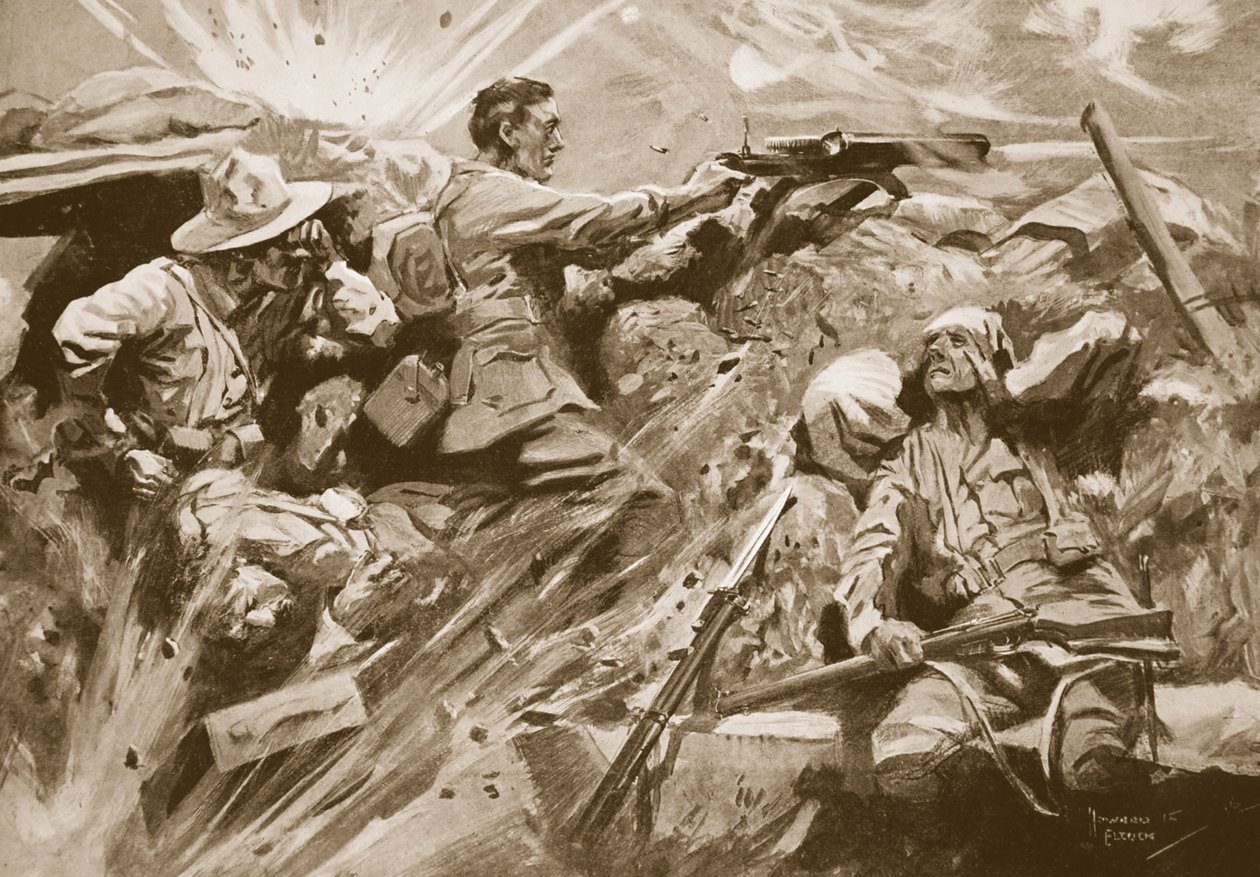 Vojín Cooke pokračuje ve střelbě ze svého kulometu poté, co byl každý člen střeleckého týmu zabit nebo zraněn od Howard K. Elcock