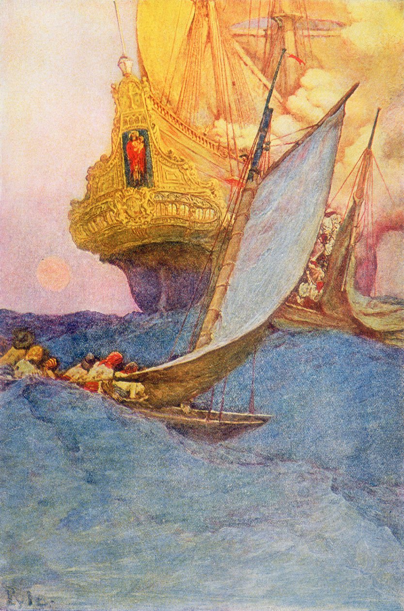 Útok na galeonu, počátek 20. století (knižní ilustrace) od Howard Pyle