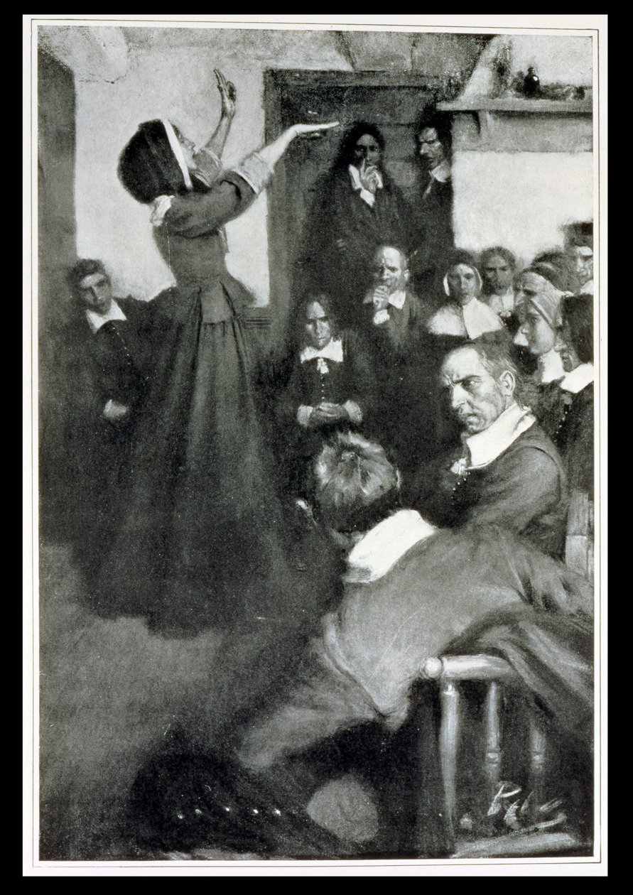 Anne Hutchinson Kázání ve svém domě v Bostonu, 1637, ilustrace z 