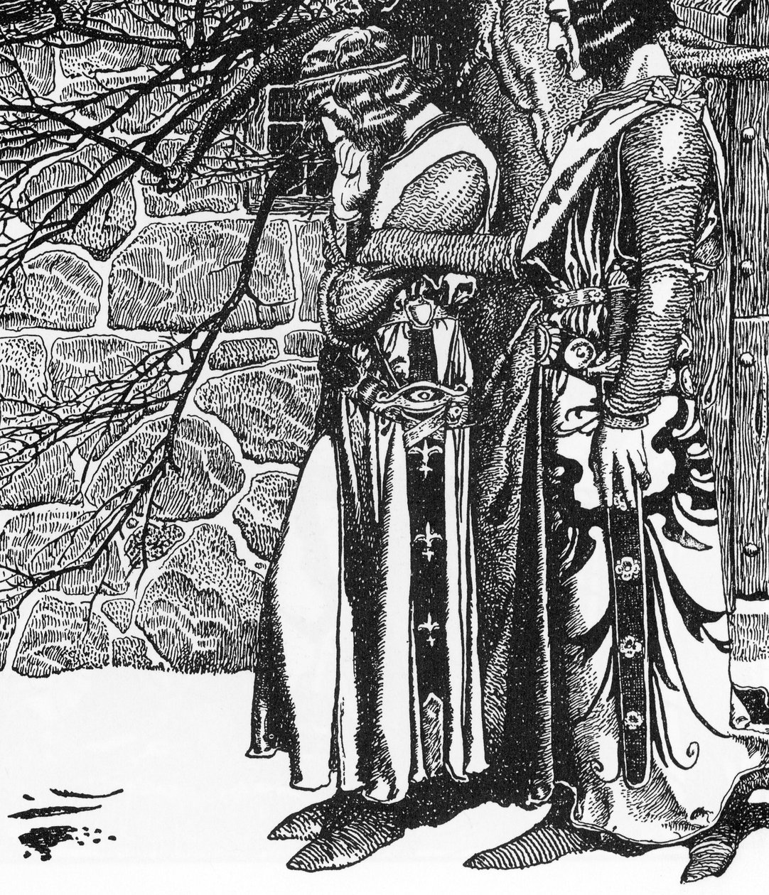 Arthurian Legend: The Knight Kay (Keu) a Perceval (Sir Kay a Sir Percival) Ilustrace Howard Pyle (1853-1911) z „Příběhu šampionů kulatého stolu““ Soukromá sbírka z roku 1905 od Howard Pyle