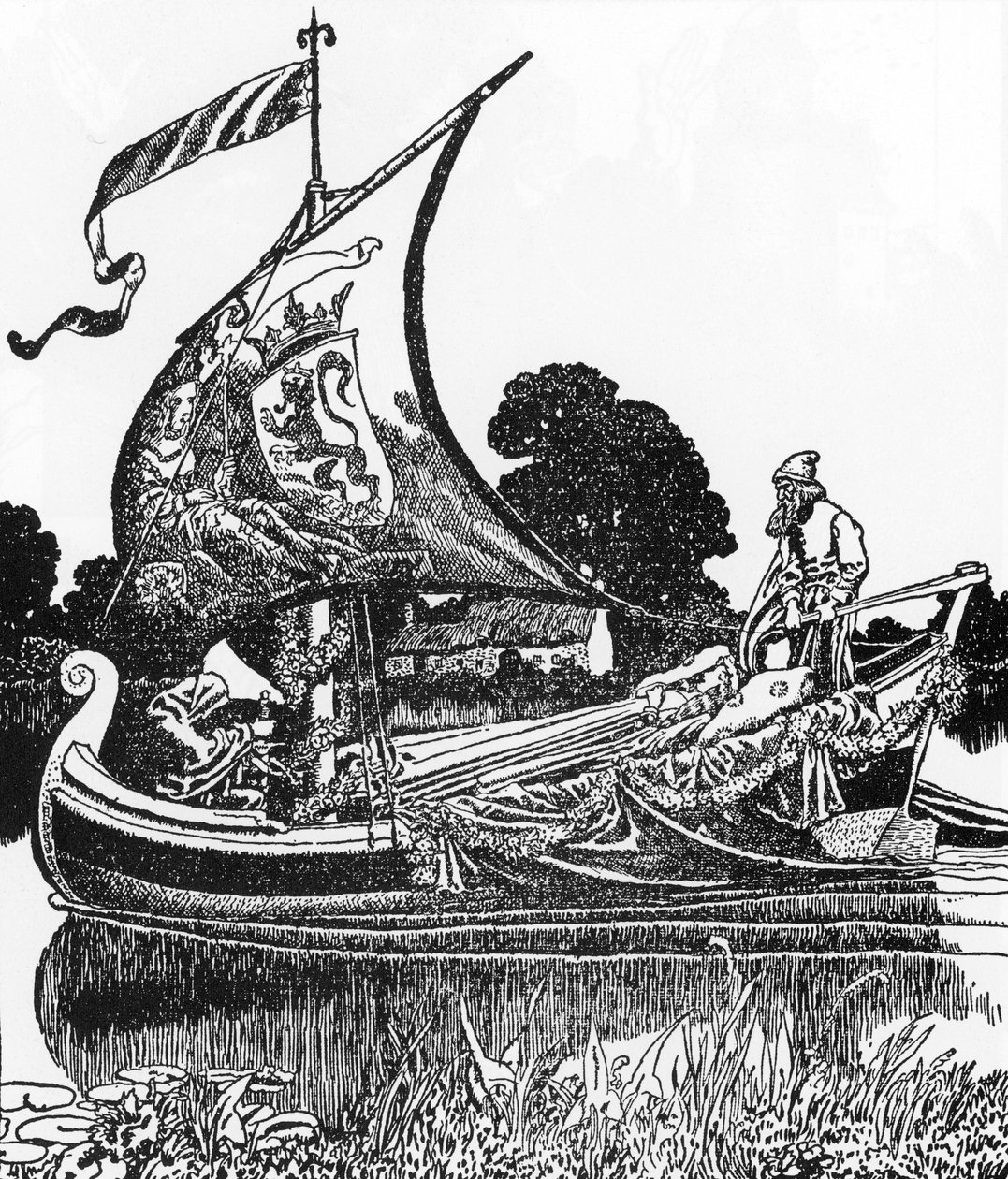 Artušovská legenda: Člun mrtvých přináší tělo krále Artuše Ilustrace Howarda Pylea (1853-1911) z „Příběhu sira Launcelota a jeho společníků“ Soukromá sbírka z roku 1907 od Howard Pyle